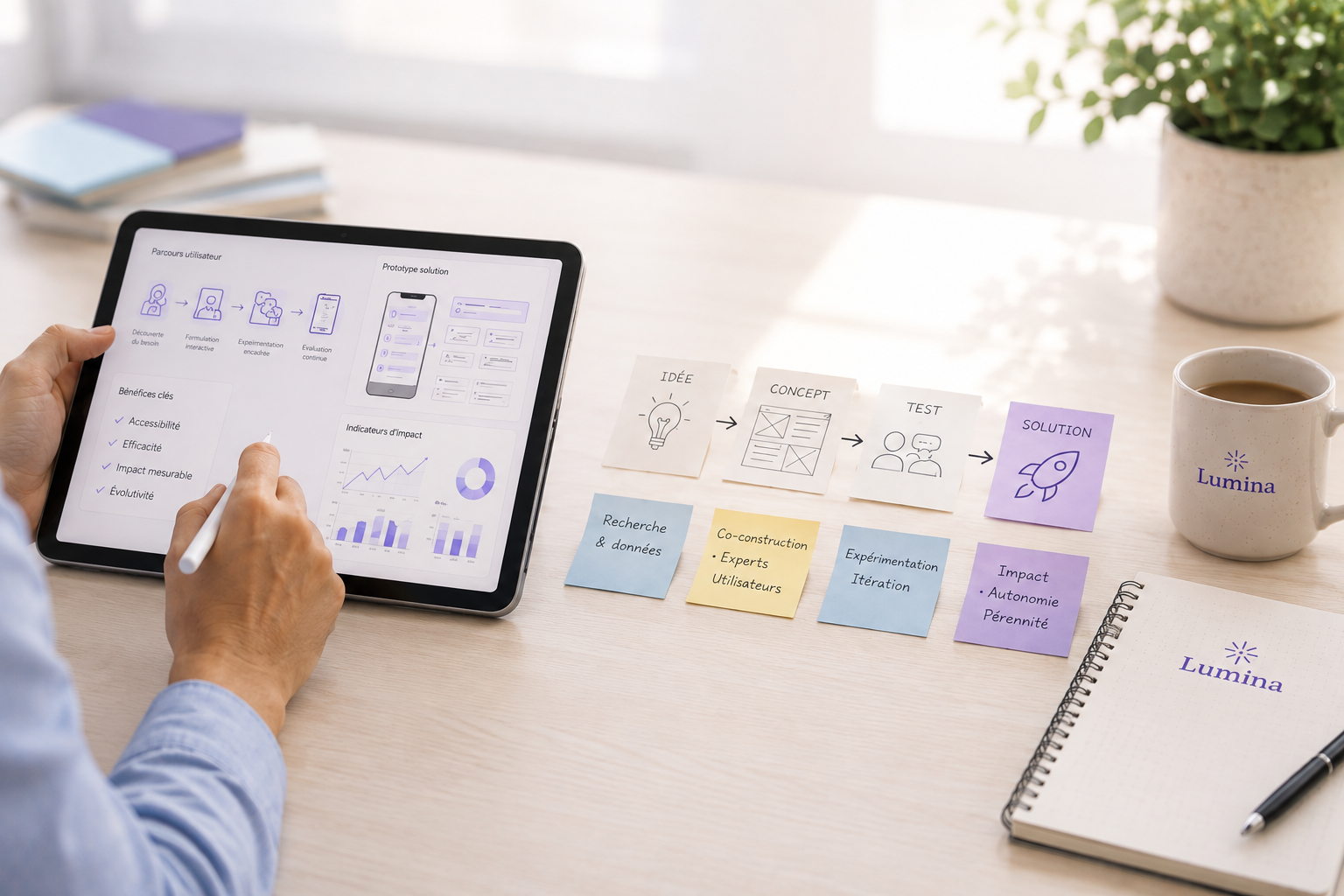 Tablette et notes de travail présentant des contenus et ressources Lumina