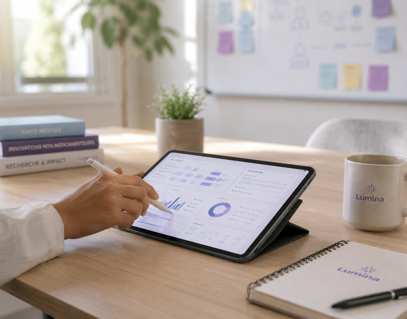 Mains utilisant un stylet sur une tablette affichant des graphiques de santé, sur un bureau en bois