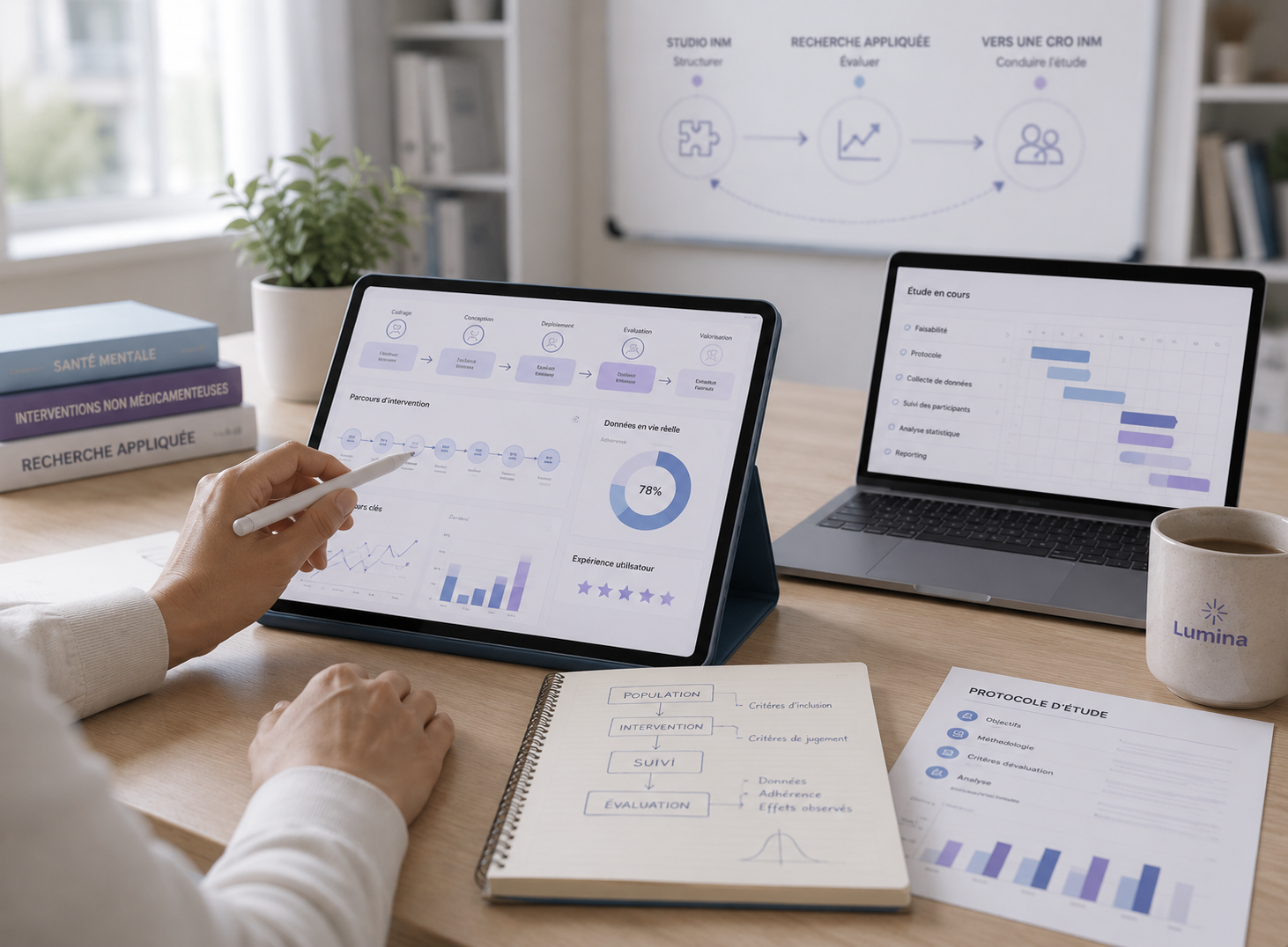 Bureau de travail avec tablette, ordinateur portable et schémas de recherche Lumina